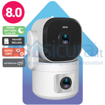 Telecamera di sorveglianza WiFi IP a doppia ottica, doppio obiettivo, motion tracking, wifi, full HD 8.0