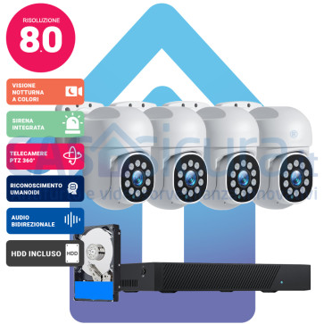 Kit Videosorveglianza IA Intelligenza artificiale 4k (8 Mpx)*  PoE con NVR da 8 canali e 4 telecamere MOTORIZZATE (espandibile) - Funzione tracciamento ed inseguimento - Visione notturna a colori - Audio bidirezionale