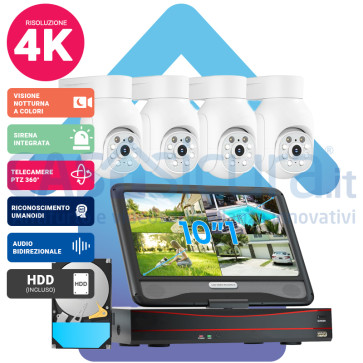 Kit Videosorveglianza IA Intelligenza artificiale 4k (8 Mpx)*  PoE con NVR da 8 canali e 4 telecamere MOTORIZZATE (espandibile) - Funzione tracciamento ed inseguimento - Visione notturna a colori - Audio bidirezionale