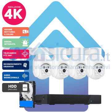 Kit Videosorveglianza IA Intelligenza artificiale 4k (8 Mpx)*  PoE con NVR da 8 canali e 4 telecamere MOTORIZZATE (espandibile) - Funzione tracciamento ed inseguimento - Visione notturna a colori - Audio bidirezionale
