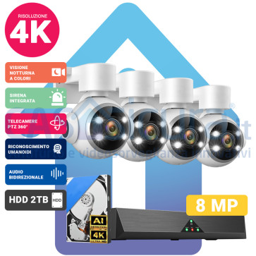 Kit Videosorveglianza IA Intelligenza artificiale 4k (8 Mpx)*  PoE con NVR da 8 canali e 4 telecamere MOTORIZZATE (espandibile) - Funzione tracciamento ed inseguimento - Visione notturna a colori - Audio bidirezionale