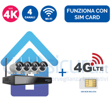 Kit Videosorveglianza 4G/5G Wireless nvr 4K 4 canali 4 Telecamere IP wireless ampia copertura radio - Funziona con SIM e wifi