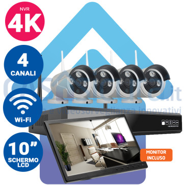 Kit registratore NVR 4K + 4 Telecamere IP wifi  con audio e visione notturna  + monitor LCD 10" potenziato con tecnologia a cascata