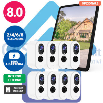 KIT Telecamere 100% senza filo a batteria - fino a 8 telecamere fisse o motorizzate 360° con registrazione - da esterno o interno, audio ed infrarosso notturno + Display 10" (opz.)