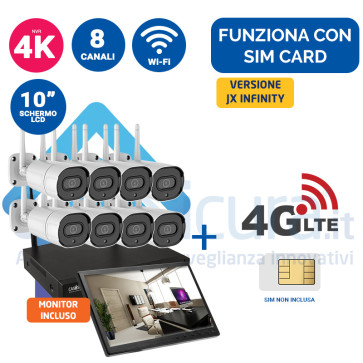 Kit registratore NVR 4K + 8 Telecamere IP wifi  con audio e visione notturna + monitor LCD 10" potenziato con tecnologia a cascata - Funziona con SIM 4G (5G ready) e wifi