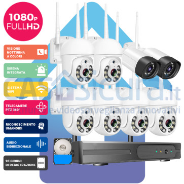 Kit Videosorveglianza Plug and Play Wireless - Nvr 8 canali con 4 o 8 telecamere motorizzate PTZ / fisse - Monitor* 10" - fino a 4K 5Mpx* - IP FULL HD wifi - Autoconfigurante - AMPIA COPERTURA RADIO - Rilevazione "umanoidi" + Router 4G (opz.)