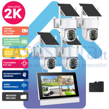 NVR-SOLAR: Kit Videosorveglianza Solare 4 Telecamere 2K + Monitor Incluso - Sistema con Telecamere Wireless Autosufficienti Espandibile fino 10 Telecamere con Router 4G Opzionale