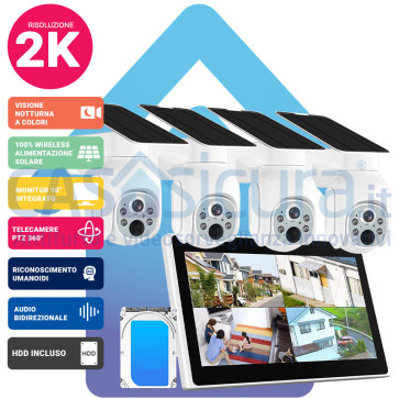 NVR-SOLAR: Kit Videosorveglianza Solare 4 Telecamere 2K + Monitor Incluso - Sistema con Telecamere Wireless Autosufficienti Espandibile fino 10 Telecamere con Router 4G Opzionale