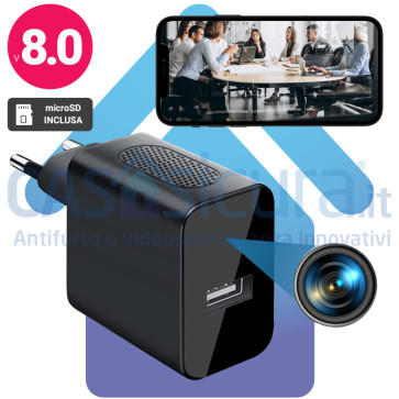 Caricatore USB con telecamera spia Wi-Fi. 2 in 1 - Spy Camera 4K con caricatore batteria ed allarme. Anche ambienti bui 1 lux. + Router 4G opzionale