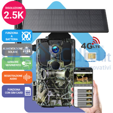 Fototrappola 4G SIM LTE con allarme, ris. 2.5K+ con audio, visione notturna di qualità, sensore movimento con pannello solare staccabile 