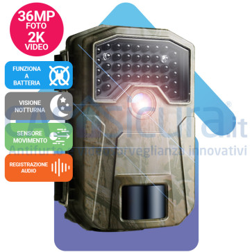 Fotocamera alta qualità e altissima risoluzione con audio, visione notturna con infrarossi "no glow" invisibili, rilevazione movimento, con display LCD. + SD card 32Gb (opz)