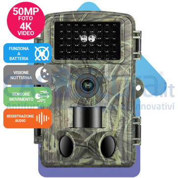 Fotocamera ULTRA 4K e foto di qualità superiore, audio, visione notturna con led  "no glow" invisibili, rilevazione movimento accurata, con display LCD + SD card  (opz)