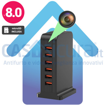 USBPOWER-SPY – Hub di Ricarica USB 5 Porte con Microcamera Nascosta WiFi Full HD 1080p | Telecamera Spia da Scrivania | Rilevamento Movimento | MicroSD 128GB | Alimentazione Continua | Personalizzabile