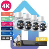 Kit Videosorveglianza IA Intelligenza artificiale 4k (8 Mpx)*  PoE con NVR da 8 canali e 4 telecamere MOTORIZZATE (espandibile) - Funzione tracciamento ed inseguimento - Visione notturna a colori - Audio bidirezionale