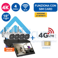 Kit registratore NVR 4K + 4 Telecamere IP  wifi con audio e visione notturna + monitor LCD 10" potenziato con tecnologia a cascata - Funziona con SIM 4G/5G e wifi