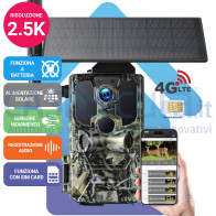 Fototrappola 4G SIM LTE con allarme, ris. 2.5K+ con audio, visione notturna di qualità, sensore movimento con pannello solare staccabile