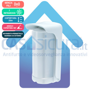 Sensore Perimetrale a Barriera + Volumetrico con 7 Infrarossi  per copertura a 180° e sistema Anti-Mascheramento integrato 100% SENZA FILO