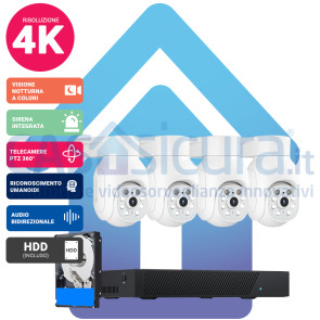 Kit Videosorveglianza IA Intelligenza artificiale 4k (8 Mpx)*  PoE con NVR da 8 canali e 4 telecamere MOTORIZZATE (espandibile) - Funzione tracciamento ed inseguimento - Visione notturna a colori - Audio bidirezionale