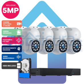 Kit Videosorveglianza IA Intelligenza artificiale 4k (8 Mpx)*  PoE con NVR da 8 canali e 4 telecamere MOTORIZZATE (espandibile) - Funzione tracciamento ed inseguimento - Visione notturna a colori - Audio bidirezionale