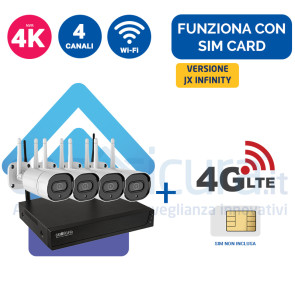 Kit Videosorveglianza 4G/5G Wireless nvr 4K 4 canali 4 Telecamere IP wireless ampia copertura radio - Funziona con SIM e wifi