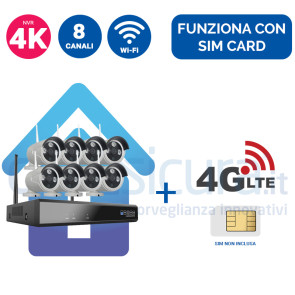 Kit Videosorveglianza 4G (5G ready) Wireless nvr 4K 8 canali 8 Telecamere IP wireless ampia copertura radio - Funziona con SIM e wifi