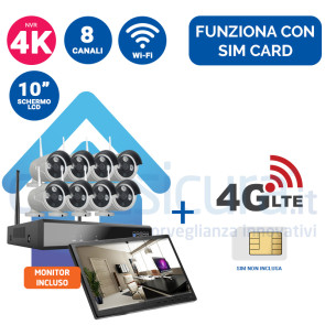 Kit registratore NVR 4K + 8 Telecamere IP wifi  con audio e visione notturna + monitor LCD 10" potenziato con tecnologia a cascata - Funziona con SIM 4G (5G ready) e wifi