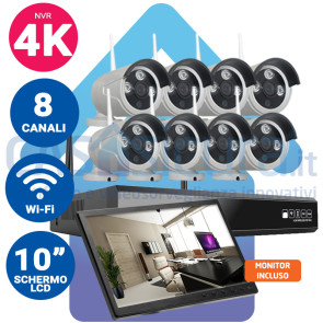Kit registratore NVR 4K + 8 Telecamere IP wifi  con audio e visione notturna  + monitor LCD 10" potenziato con tecnologia a cascata