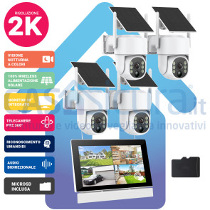 NVR-SOLAR: Kit Videosorveglianza Solare 4 Telecamere 2K + Monitor Incluso - Sistema con Telecamere Wireless Autosufficienti Espandibile fino 10 Telecamere con Router 4G Opzionale