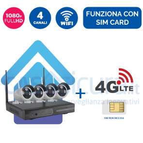 Kit Videosorveglianza 4G Wireless nvr 4 canali 4 Telecamere ampia copertura radio - Funziona con SIM e wifi