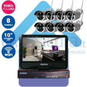 Kit registratore NVR + 8 Telecamere FULL HD wifi + monitor LCD 10" potenziato con tecnologia a cascata