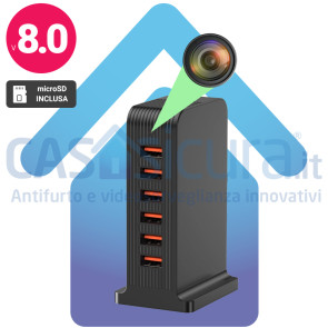 USBPOWER-SPY – Hub di Ricarica USB 5 Porte con Microcamera Nascosta WiFi Full HD 1080p | Telecamera Spia da Scrivania | Rilevamento Movimento | MicroSD 128GB | Alimentazione Continua | Personalizzabile
